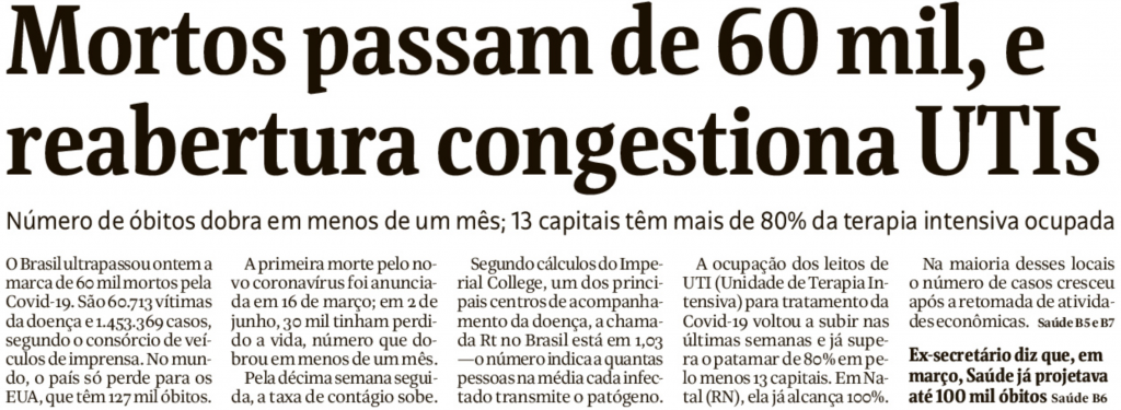 Manchete de primeira página da Folha: Mortos passam de 60 mil, e reabertura congestiona UTIs