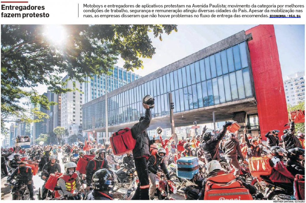 A greve dos entregadores de aplicativos exigindo melhores condições de trabalho, na primeira página da Folha e do Estadão.