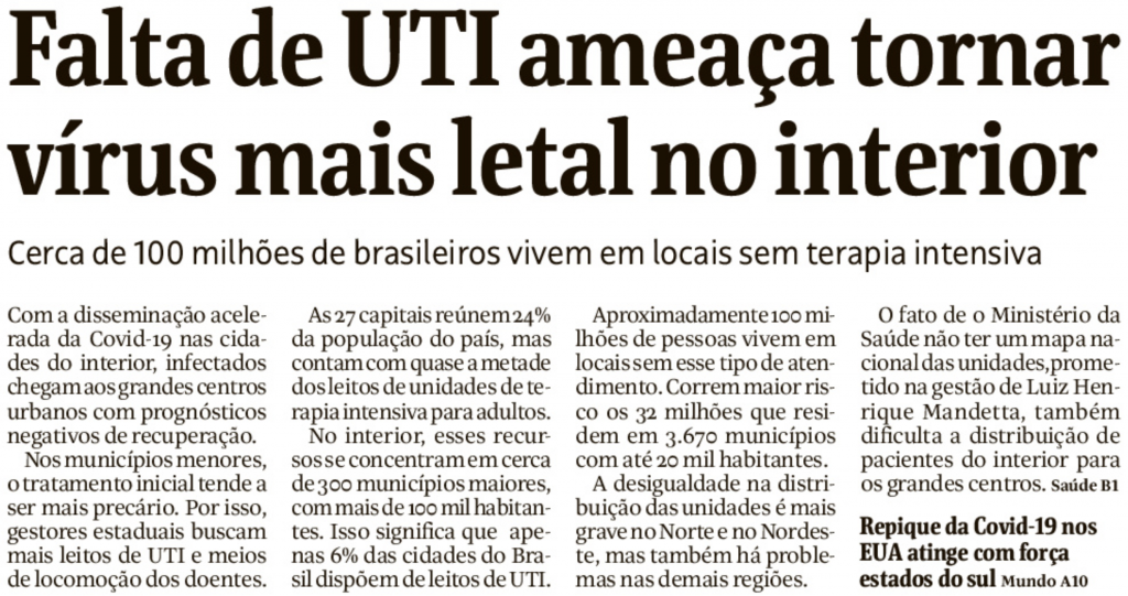 Folha: "Falta de UTI ameaça tornar vírus mais letal no interior"