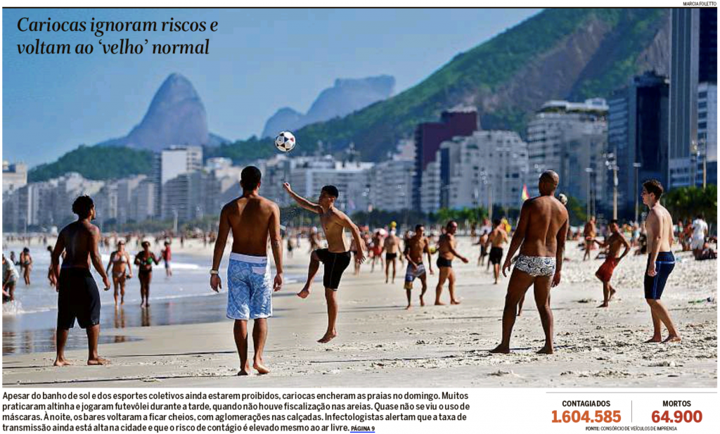 Cariocas ignoram o coronavírus e se divertem na praia (O Globo)