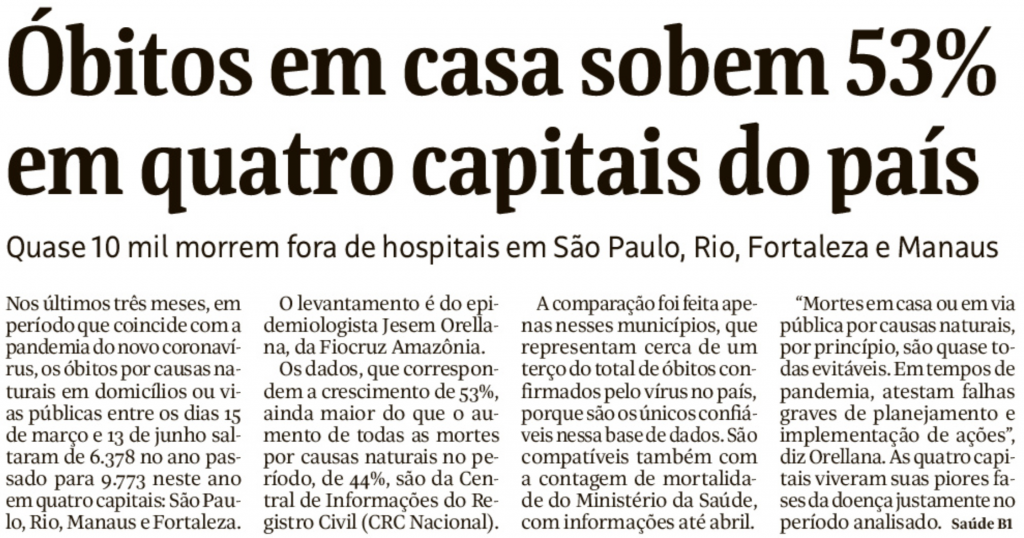 Folha: "Óbitos em casa sobem 53% em quatro capitais do país"