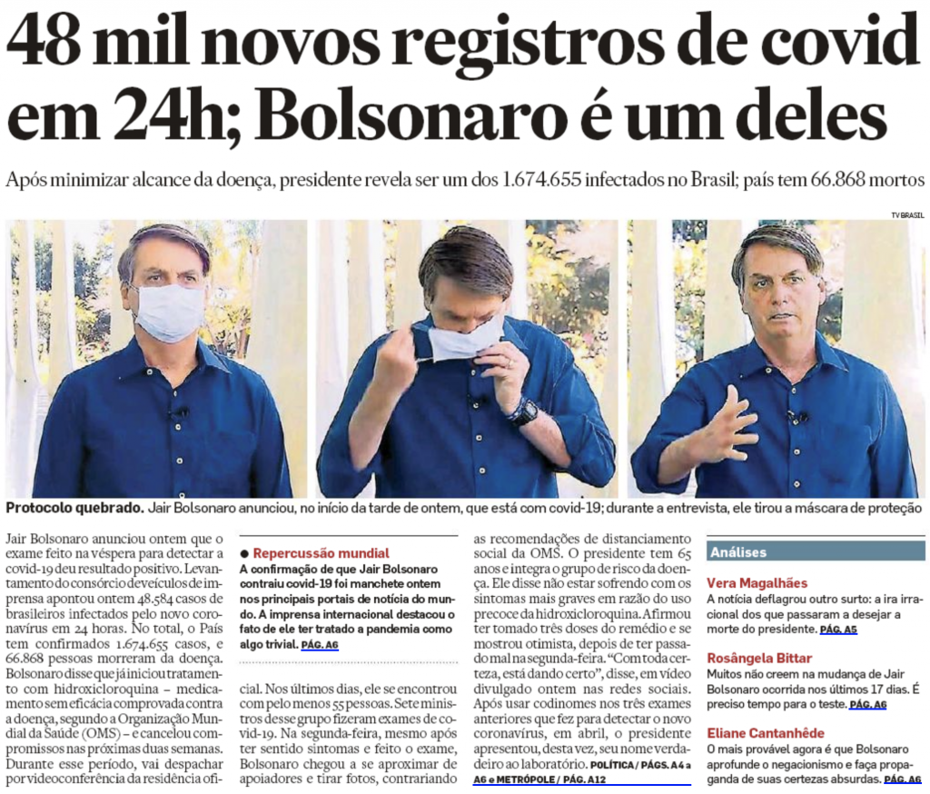 Estadão: "48 mil novos registros de covid em 24 h; Bolsonaro é um deles"