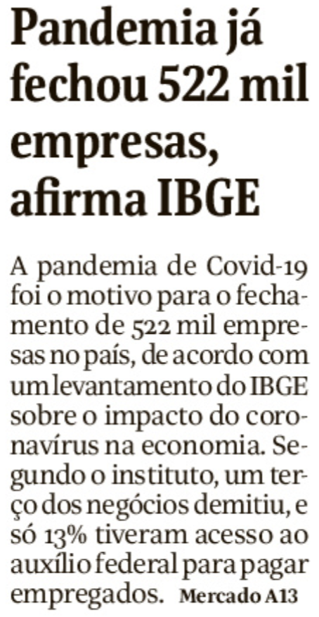 Pandemia fechou 522 mil empresas, afirma IBGE