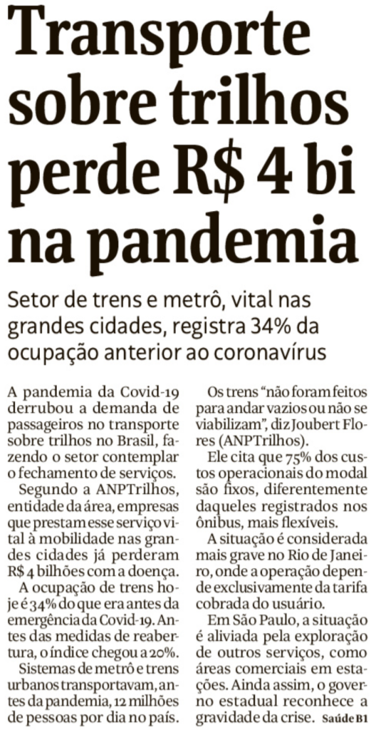 Folha: "Transporte sobre trilhos perde R$4 bi na pandemia"