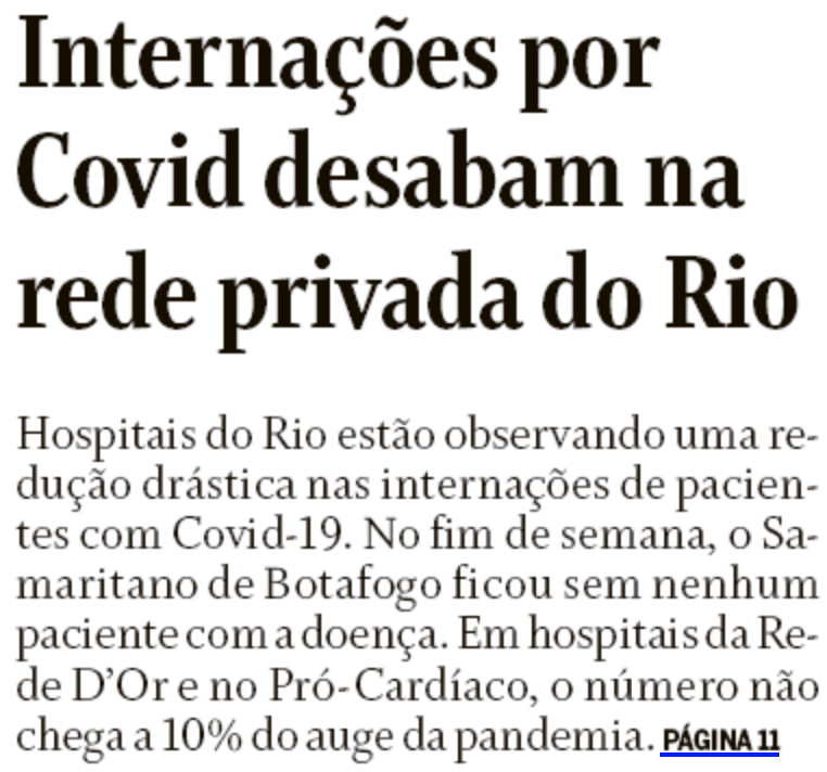 Internações por Covid desabam na rede privada no Rio