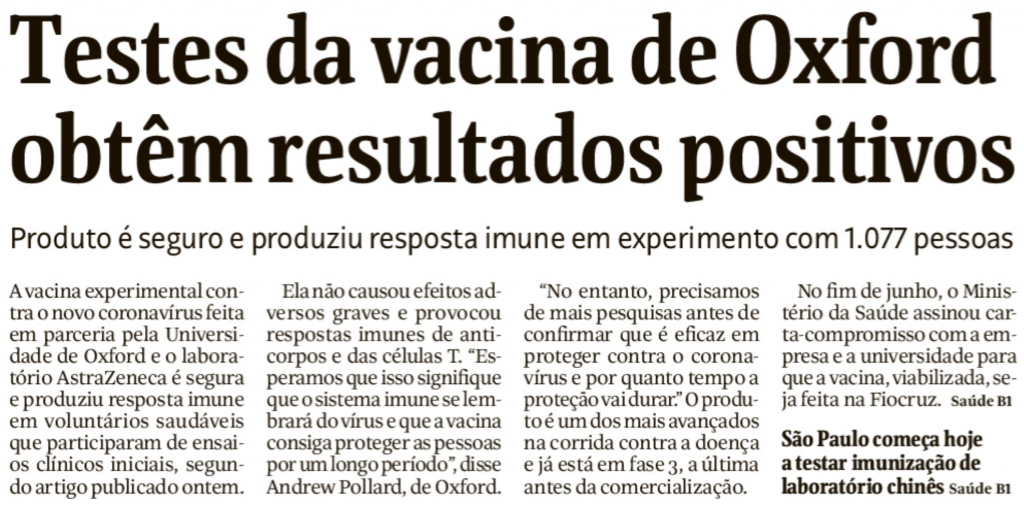 Manchete de primeira página da Folha: "Testes da vacina de Oxford obtêm resultados positivos"