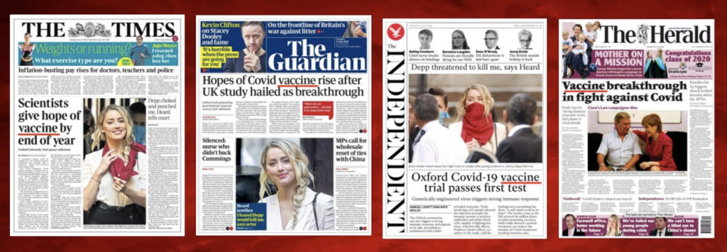 Os principais jornais britânicos dão destaque aos avanços da vacina contra o coronavírus.
