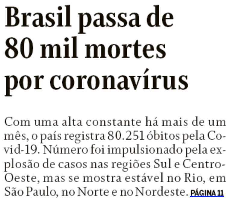 Brasil passa de 80 mil morte por coronavírus