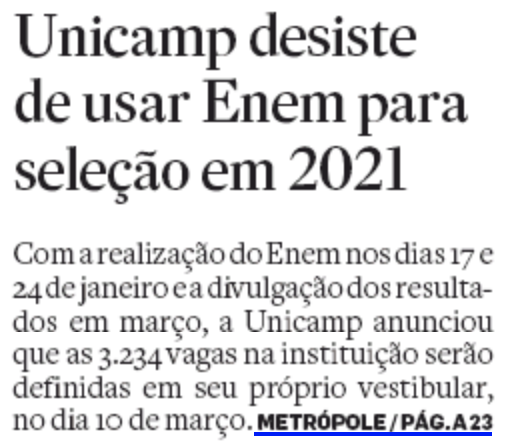 Unicamp desiste de usar Enem para seleção de 2021