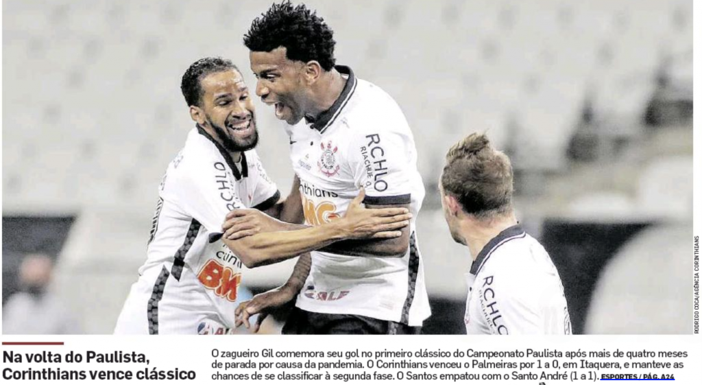 O zagueiro Gil comemora o gol do Corinthians que derrotou o Palmeiras, na volta do futebol (Estadão)