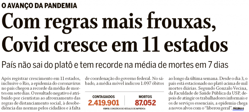 Manchete de primeira página do Globo: "Com regras mais frouxas, Covid cresce em 11 estados"