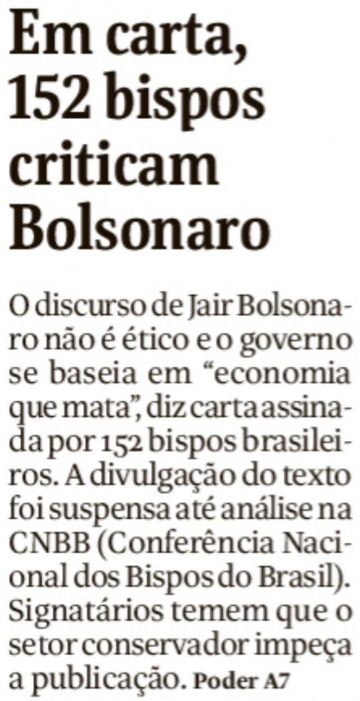 Em carta, 152 bispos criticam Bolsonaro