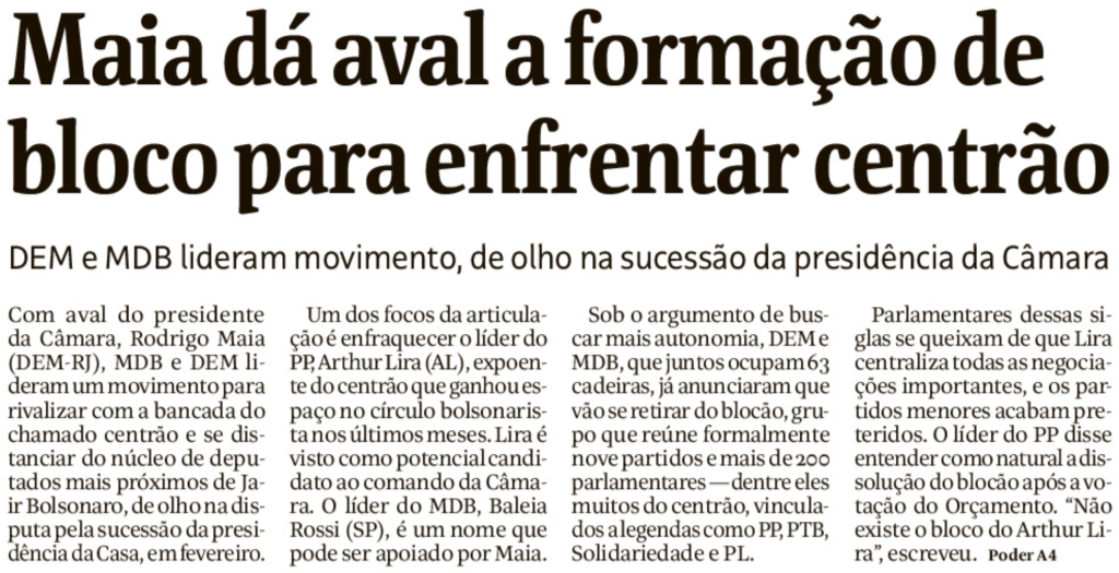 Manchete de primeira página da Folha: "Maia dá aval a formação de bloco para enfrentar centrão"