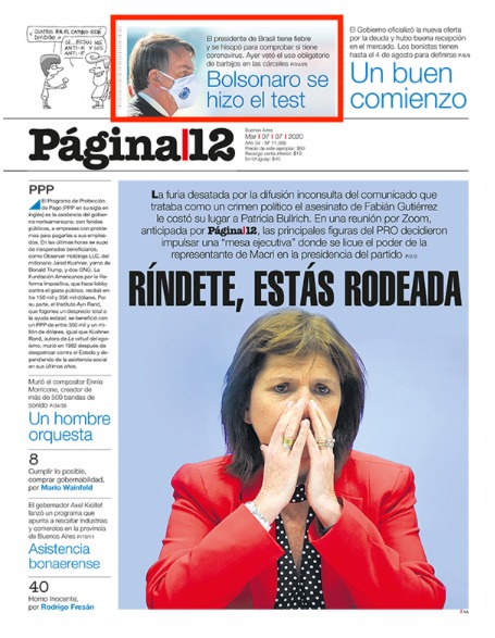A suspeita de Bolsonaro com Covid-19 ganhou chamada na capa do argentino Página 12