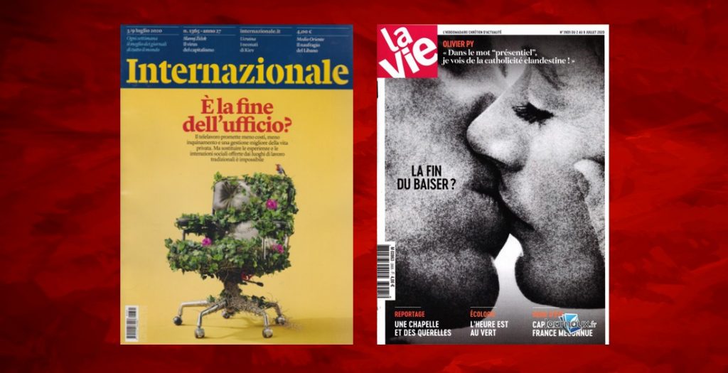 Enquanto a revista mensal italiana Internazionale pergunta se será o fim do escritório, a revista semanal francesa pergunta se será o fim do beijo.