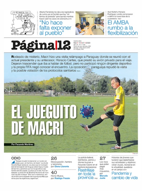 Na primeira página do jornal argentino Página 12, uma misteriosa viagem do ex-presidente Macri ao Paraguai
