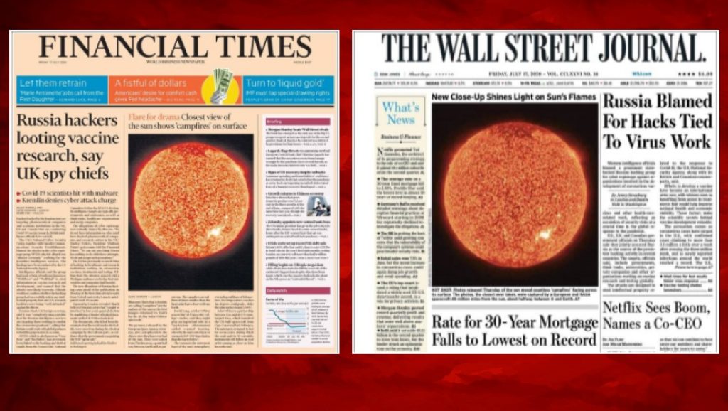 O sol apareceu apenas nas primeiras páginas dos dois jornais mais importantes de economia do mundo.