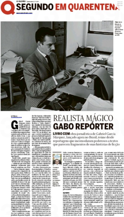 Na capa do caderno Segundo em Quarentena, o lançamento do livro "O Escândalo do Século", que reúne a obra jornalística do Nobel Gabriel García Márquez.