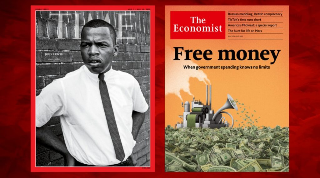 Na capa da Time, a morte do líder do movimento pelos direitos civis e políticos, John Lewis. Na capa da Economist, quando o governo não tem limites para gastos.