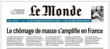 Na manchete principal do Le Monde, a explosão do desemprego na França