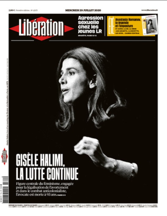 A morte de Gisèle Halimi, nome importante do feminismo mundial, aos 93 anos, na capa do Libération